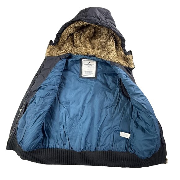 American Eagle Vest Womens Large Blue Hooded Sherpa Lined Quilted Full Zip Y2K - Picture 3 of 14